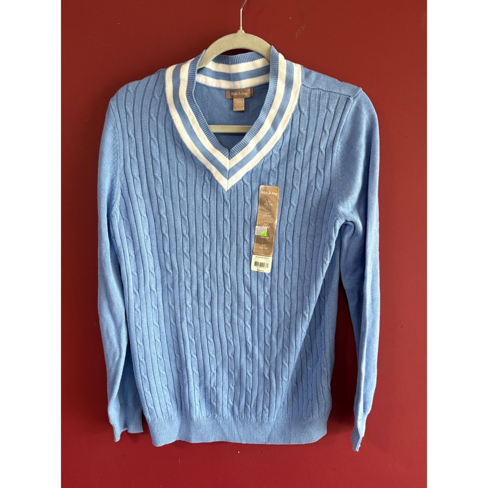 White Stag Mens Blue Cable Knit Crew Neck Sweater Long Sleeve Size L 12-14 NEW
